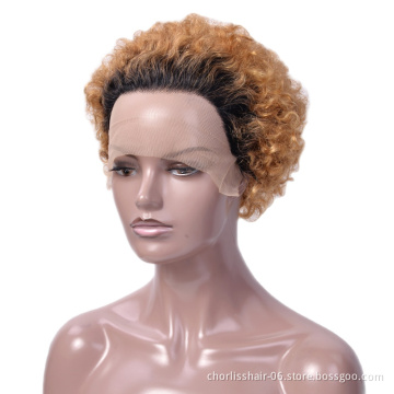 Wholesale Cheap Colored Short Curly Ombre Ready To Ship Natural Perruque Pixie Cut Lace Frontal Wigs 100% Virgin Human Hair Wigs